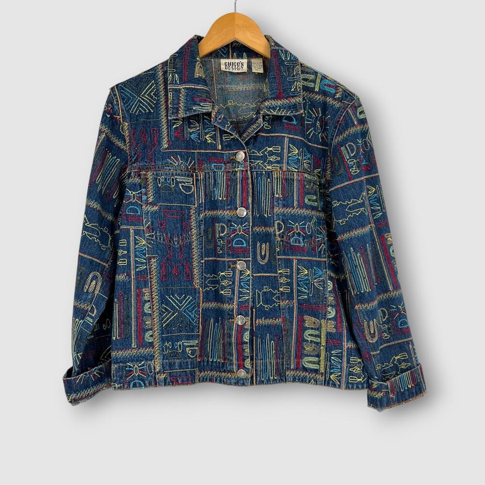 90s Vintage Chico’s Design Embroidered Denim Jacket Size Small
